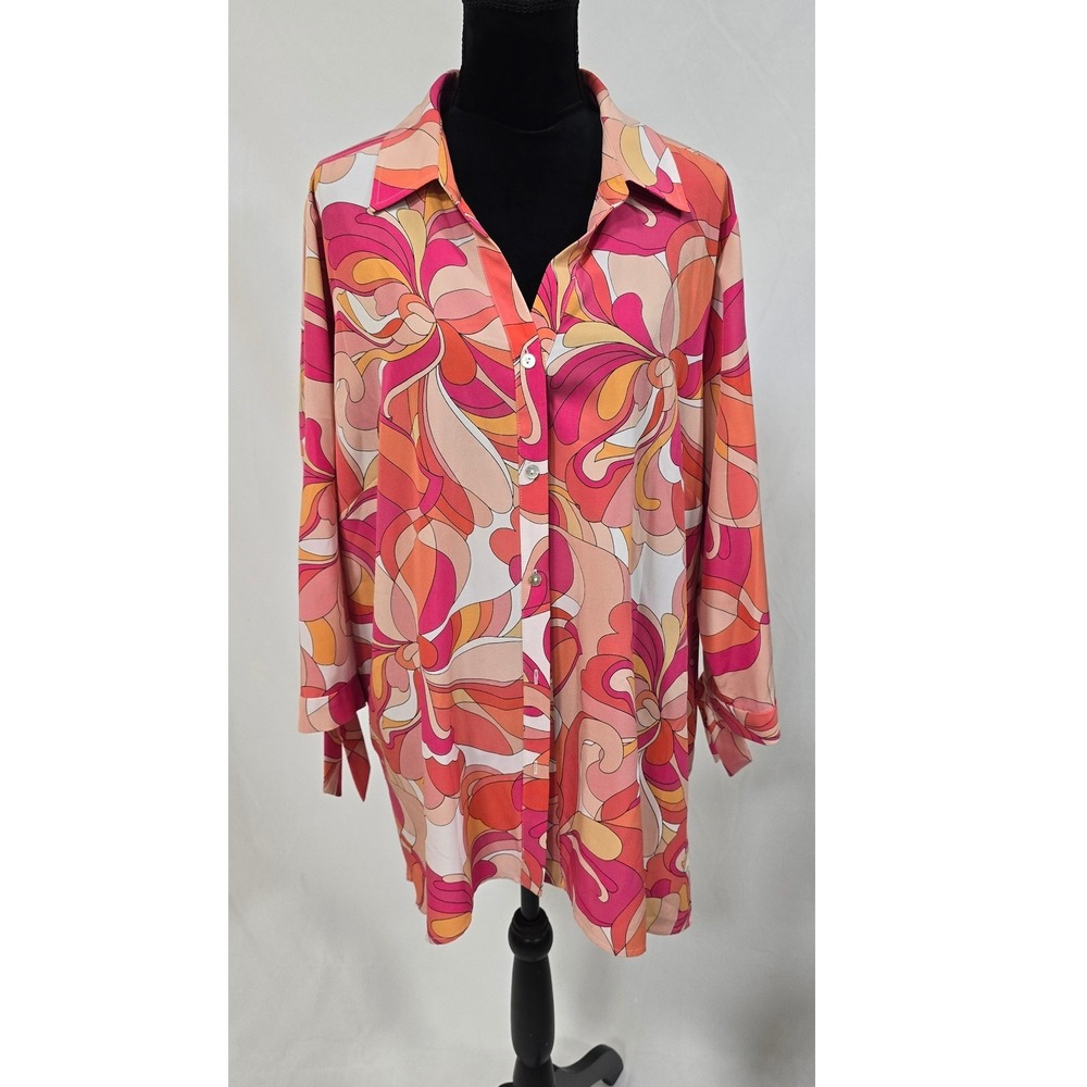Susan Graver women plus size 2X button front short sleeve blouse psychedelic